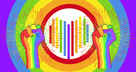 Image of fists and rainbow circles background. Pride, lgbtq and equality concept digitally generated image.の写真素材