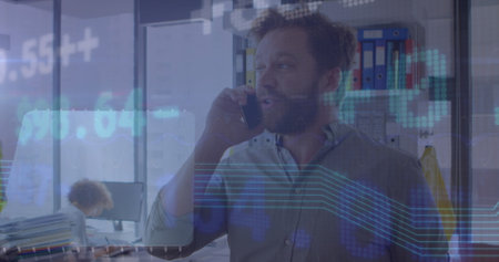 Image of financial data processing over man using smartphone. Global business, finances, computing...