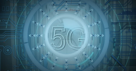 Image of 5g text over round scanner and data processing against computer server room. Global...