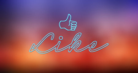 Image of neon blue like text banner and icon against gradient background. Social media networking...