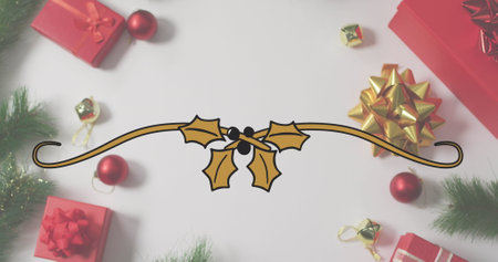 Red gift boxes with golden ribbons are lying on white surface. Pine branches and ornaments surround...