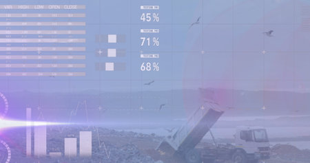 Image of data processing and statistics over wasteland. Global sustainability, ecology and waste management concept digitally generated image.の写真素材