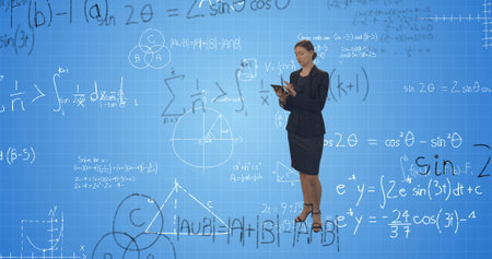 Image of caucasian businesswoman over mathematical equations on blue background. global business,...