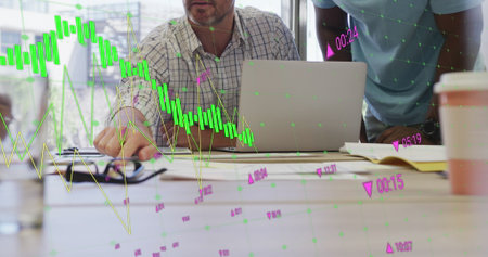 Image of multiple graphs, changing numbers over diverse coworkers discussing reports in office....