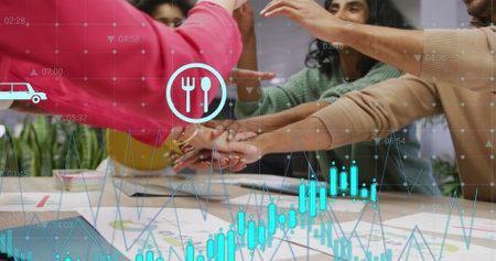 Image of graphs, numbers, icons, diverse coworkers discussing and putting hands together. Digital...