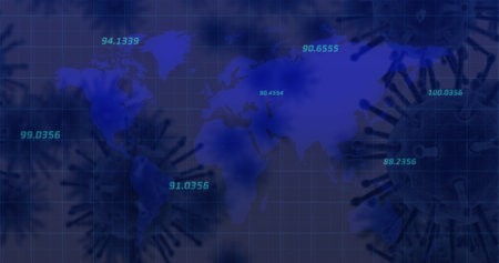 Image of data processing over virus cells. Global business and digital interface concept digitally...