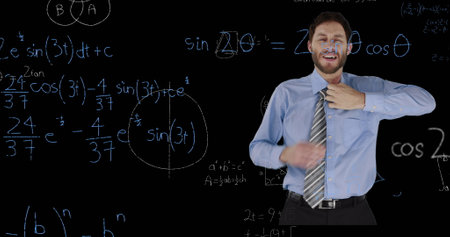 Image of caucasian businessman over mathematical equations on black background. global business,...