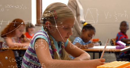 Image of math formulas over focused caucasian girl learning at school. learning, education and...