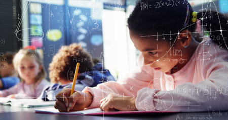 Image of math formulas over focused biracial girl learning at school. learning, education and school...