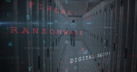 Image of cyber attack warning over caucasian man in server room. global internet security,...