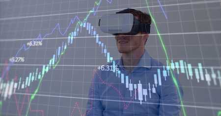 Image of financial data processing over caucasian man using vr headset. Global business, finances,...