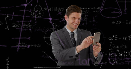 Image of data processing and mathematical equations over businessman using smartphone. global...