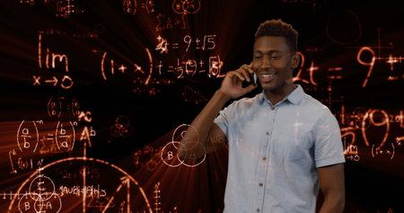 Image of data processing and mathematical equations over man using smartphone. global business, data...
