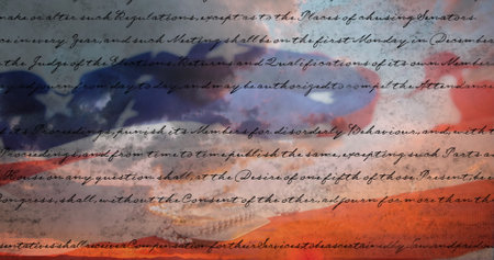 Digital image of written constitution of the United States moving in the screen with flag while...