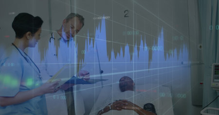 Image of data processing over diverse doctors with patient. Global medicine, healthcare services,...