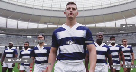 Image of social media notifications over diverse male rugby team at stadium. Sports, team,...