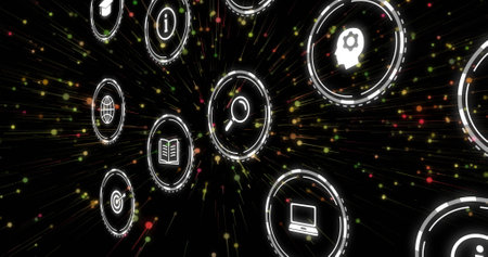Image of network of connections with icons on black background. Global networks, connections, computing and data processing concept digitally generated image.の写真素材