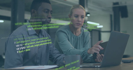 Image of data processing over diverse colleagues using laptop and tablet in office. Business,...