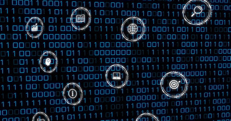 Image of network of connections with icons and binary coding on black background. Global networks,...