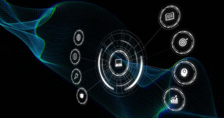 Image of network of connections with icons on black background. Global networks, connections, computing and data processing concept digitally generated image.の写真素材