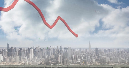 Image of red line and financial data processing over buildings. Global finance, business, connections, computing and data processing concept digitally generated image.の写真素材