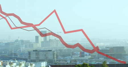 Image of red lines and financial data processing over buildings. Global finance, business,...