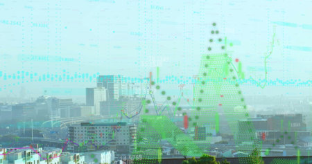 Image of financial data processing over buildings. Global finance, business, connections, computing...