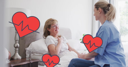 Image of hearts with cardiograph over caucasian female doctor and patient. medical and healthcare...