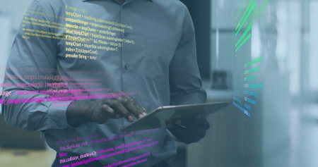 Image of data processing over african american businessman using tablet. Business, communication,...