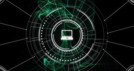 Image of network of connections with icons on black background. Global networks, connections, computing and data processing concept digitally generated image.の写真素材