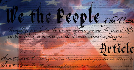 Digital image of a written constitution of the United States moving in the screen with a flag while...