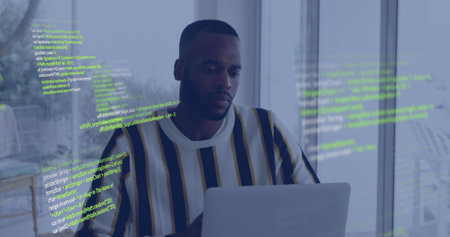 Image of data processing over african american businessman in office. Global business, connections,...