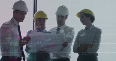 Image of financial data processing over diverse architects with plans in office. Global...