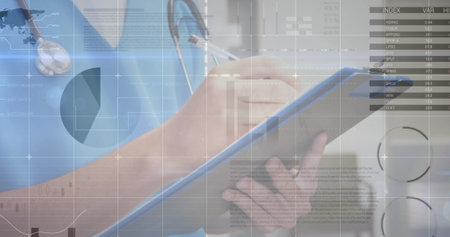 Image of data processing over caucasian male doctor with file. Global medicine, healthcare services,...