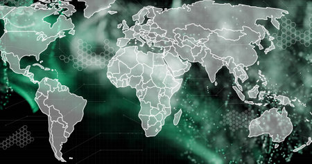 Image of network of connections with world map on black background. Global networks, connections,...