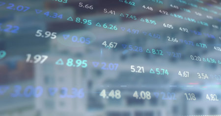 Image of stock market and diagrams over cityscape. Global business and digital interface concept,...