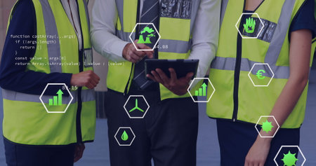 Image of connections with icons over diverse business people in office. Global business,...