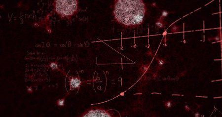 Image of macro Covid-19 cells floating with mathematic formulae. Coronavirus Covid-19 pandemic...