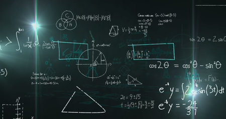 Image of mathematical data processing over screens. Global connections, computing and data...
