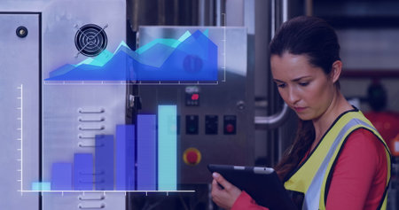 Image of data processing over caucasian female engineer using tablet. Global engineering, digital...