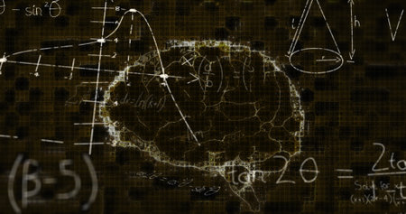 Image of a digital brain icon and mathematical formulae floating on black background. Coronavirus Covid-19 pandemic concept digital composite.の写真素材
