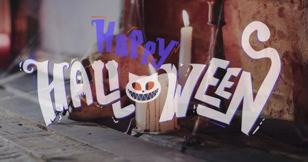 Image of happy halloween text and halloween decorations. Halloween, tradition and celebration concept digitally generated image.の写真素材