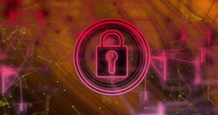 Image of padlock in circles, navigation pattern and connected dots over abstract background. Digitally generated, hologram, illustration, protection, communication and technology concept.の写真素材