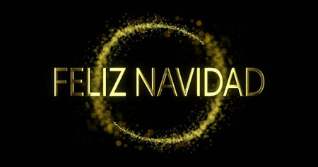 Image of feliz navidad text and circle of light trail on black background. Christmas, tradition, celebration movement and colour concept digitally generated image.の写真素材