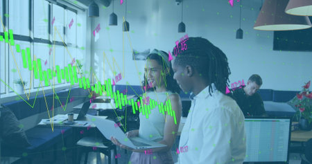 Image of changing numbers and graphs over diverse coworkers discussing reports in office. Digital...