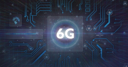 Image of 6g text in circles, glove, soundwave and circuit board pattern over abstract background....