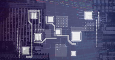 Image of stock market data processing against view of inverted tall buildings. Global economy and...
