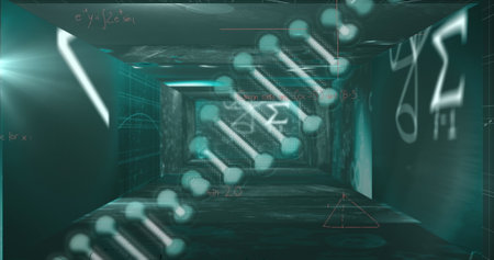 Image of dna strand and data processing. Global science, connections, computing and data processing concept digitally generated image.の写真素材