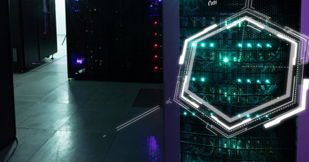Image of chemical structures floating against computer server room. Research science and business...