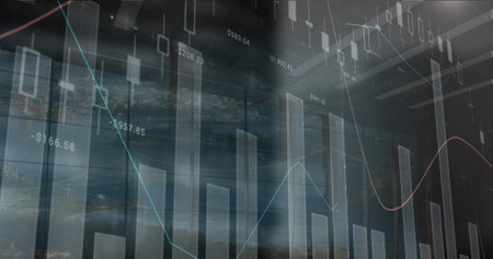 Image of statistical data processing over aerial view of cityscape from window. Business data...